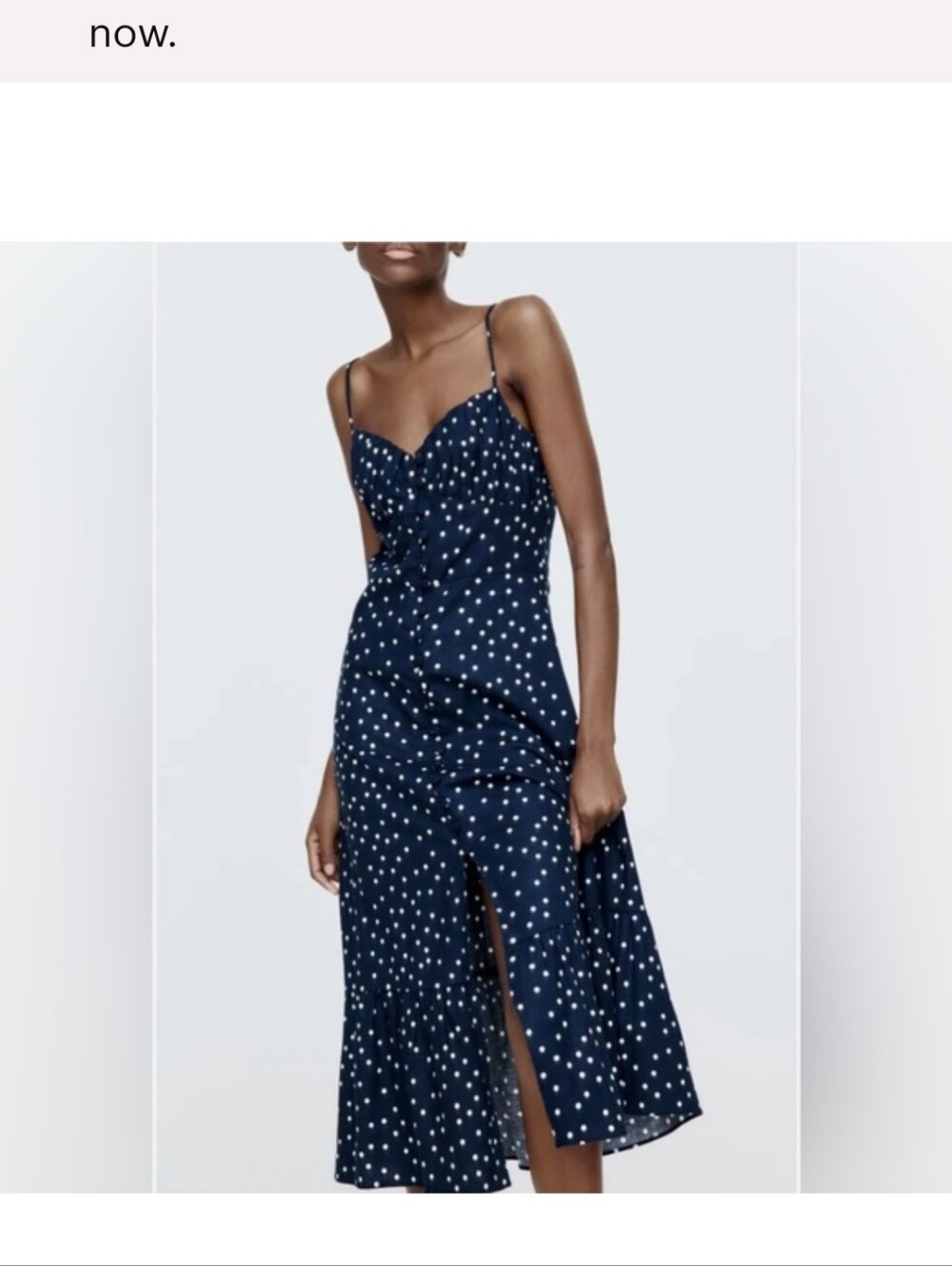 🌿🍒 Zara Linen Blend Navy Polka Dot Spaghetti Strap Midi Dress Size Small 🍒🌿